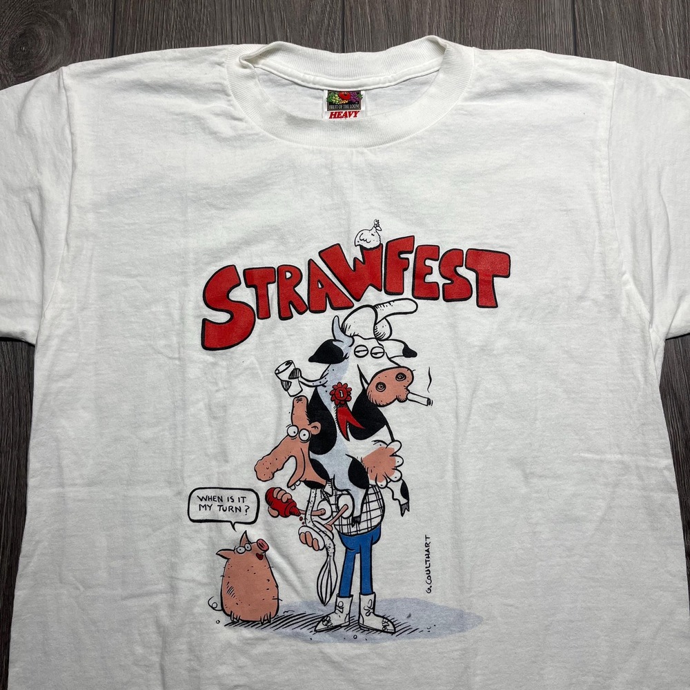 Vintage Strawfest‎ 1990s Cow Cartoon Funny T Shirt Medium Graphic White Pig - Picture 2 of 8